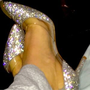 Sparkling Shining Comfy 
Elegant Silver Glitter Women's Heels